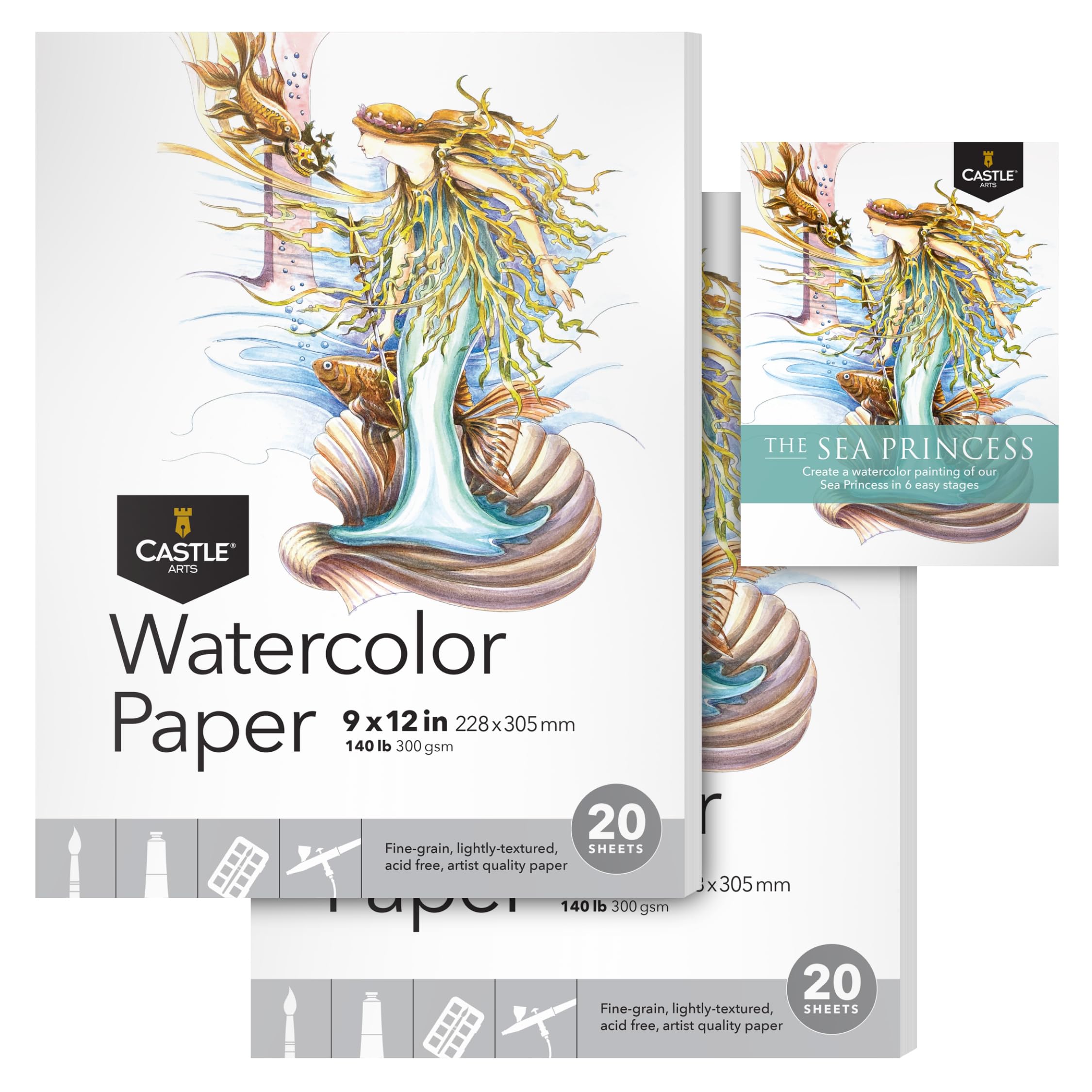 Castle Art Supplies Watercolour Sketchpad Paper 9 x 12in | 2-Pack | 20 Sheets Each | Robust & Resilient (300gsm/140lb) for All Techniques | Quality Texture (9 x 12, 2-Pack)