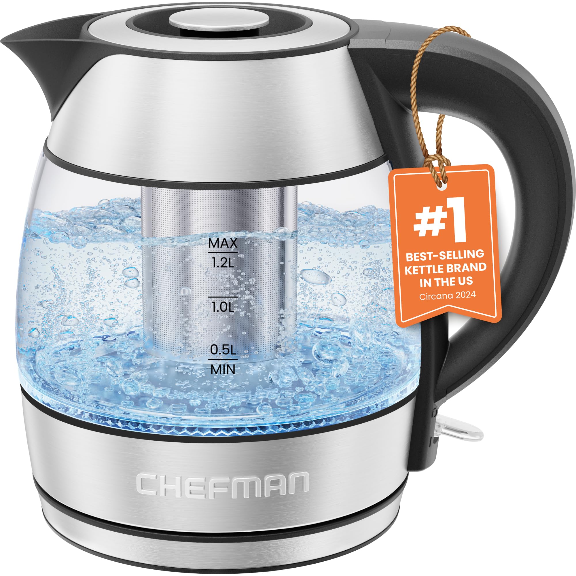 Photo 1 of CHEFMAN Electric Kettle - 1.2L 1500W Hot Water Tea Pot with Infuser, BPA Free, Auto Shut Off, Boil-Dry Protection, Removable Lid, LED Light, Cordless Glass Electric Tea Kettle – Stainless Steel