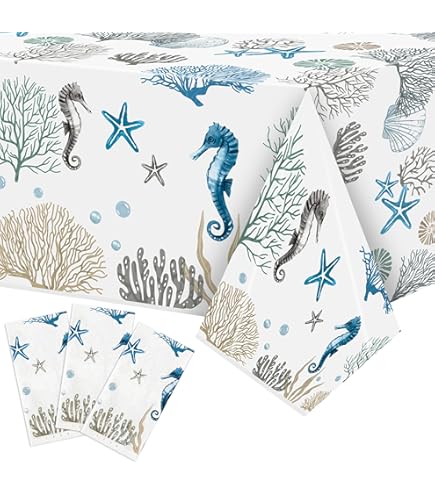 Blue Beach Theme Tablecloth - 60x120 Inch Coastal Design With Shells & Seahorses, Polyester Dining Cover