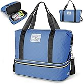 Geestock Weekender Bag with Shoe Compartment for Women, Expandable Overnight Duffle Bag, Carry On Personal Item Bag for Travel, Gym, Hospital, Included Storage Pouch & Adjustable Straps, Blue