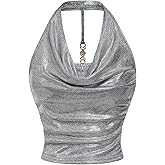 Milumia Women Metallic Halter Y2k Crop Tops Ruched Backless Cowl Neck Party Club Rave Sleeveless Shirts
