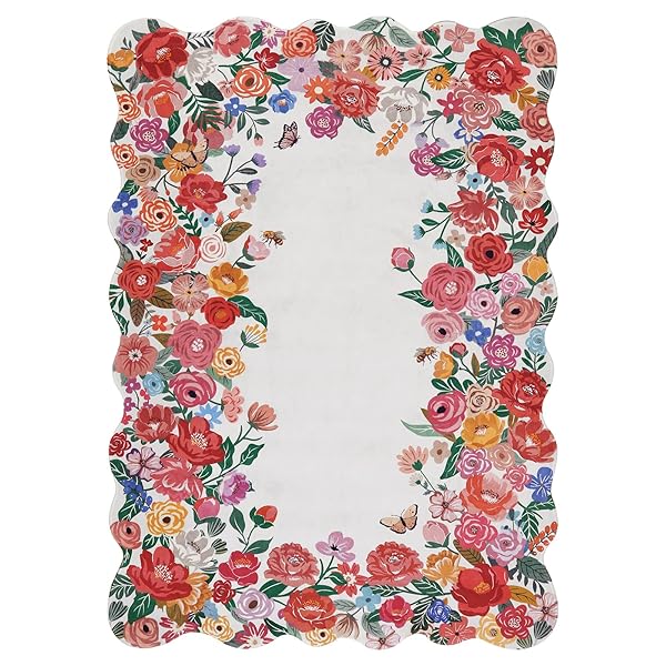 WONNITAR WASHABLE RED CAMELLIA FLORAL AREA RUGS 5X7, NON-SLIP BOHO RUGS FOR LIVING ROOM, SOFT SCALLOPED FLOWER FLOOR CARPET RUGS FOR BEDROOM KIDS NURSERY DORM DECOR (RED,5’X7′)