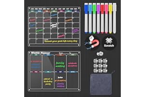 BRIVADO Magnetic Calendar for Refrigerator - Acrylic Monthly & Weekly Reusable Planner Kit 14x10" Fridge Calendar Dry Erase Board, 8 Vibrant Color Markers & Anti-Scratch Caps