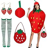 SOMEITIA 5Pcs Strawberry Costume for Women Strawberry Costume Suit with Dress Hat Bag Earrings Sock Costumes for Halloween