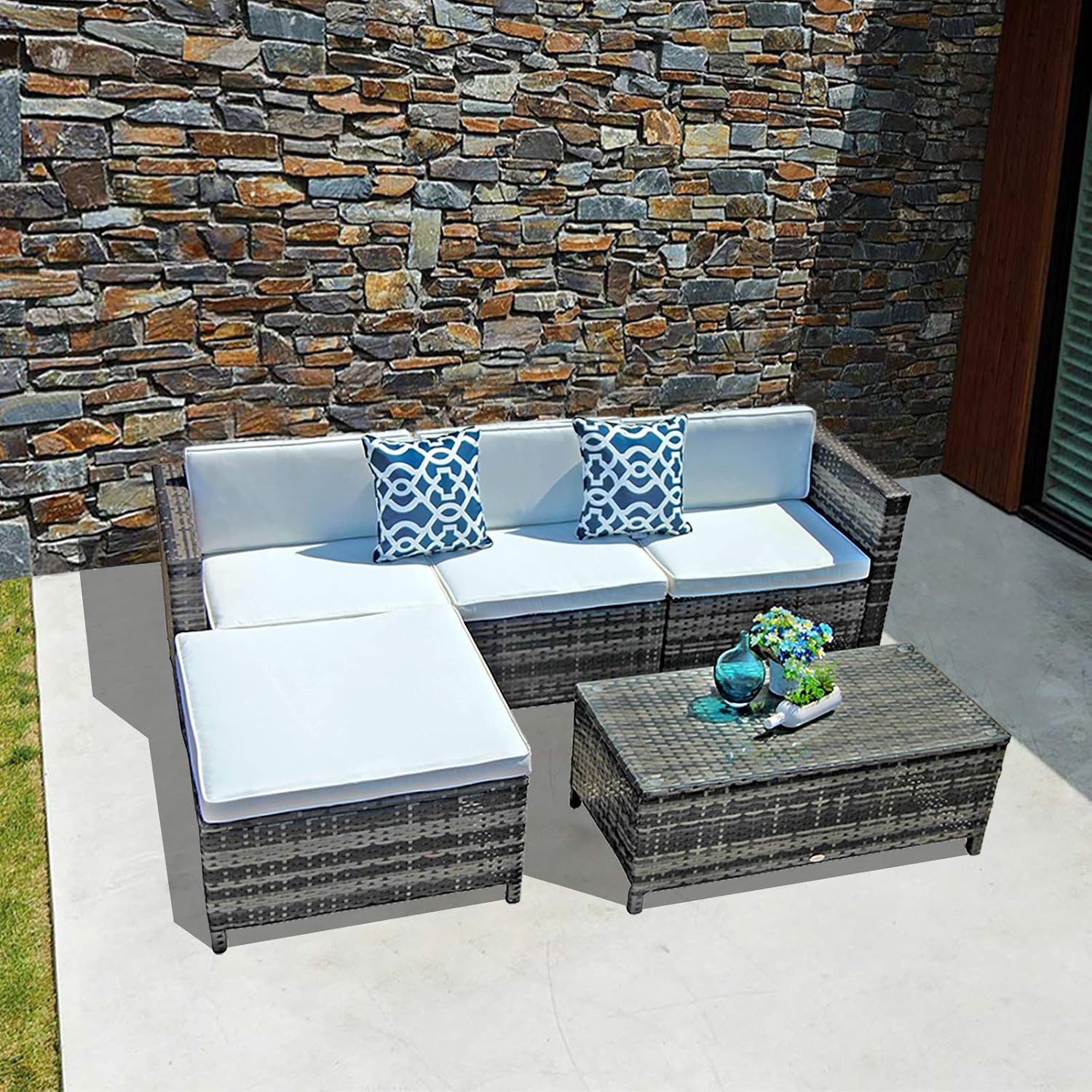 Amazon Com Patiorama 5 Piece Patio Furniture Set All Weather Grey Pe Wicker Sectional Sofa Outdoor Conversation Furniture Set With Glass Table Removable White Cushions Plus 2 Pillows Garden Outdoor