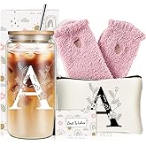 Unique Initial Glass Cup with Lids and Straws, Monogrammed Gifts Box Included Makeup Bag, Valentines Day Mothers Day Birthday Gifts for Women Mom Sister Grandma, A