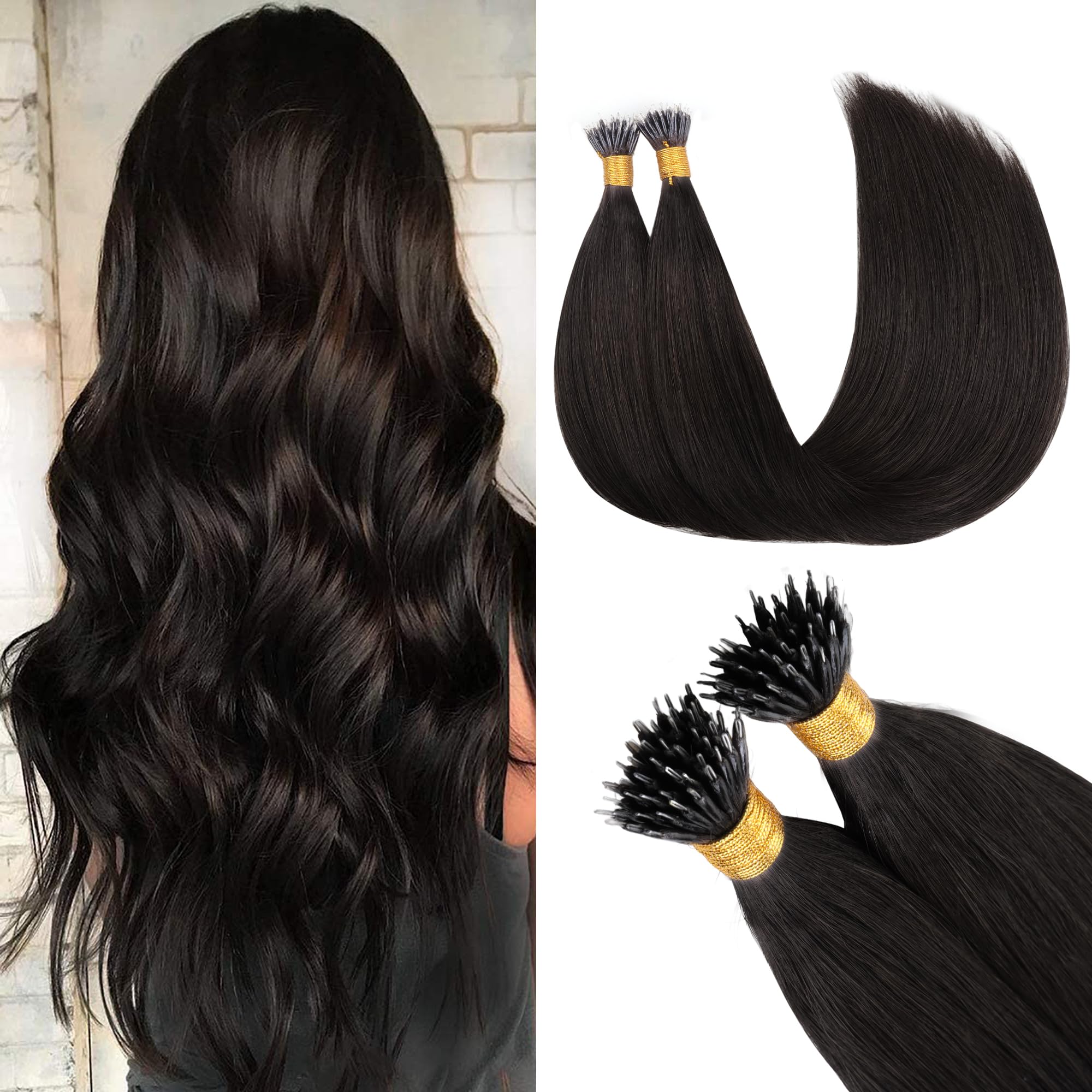 GOO GOO Nano Hair Extensions Real Human Hair, Nano Beads Hair Extensions, Dark Brown 50g 14inch 100 Strands Cold Fusion Nano Rings Extensions