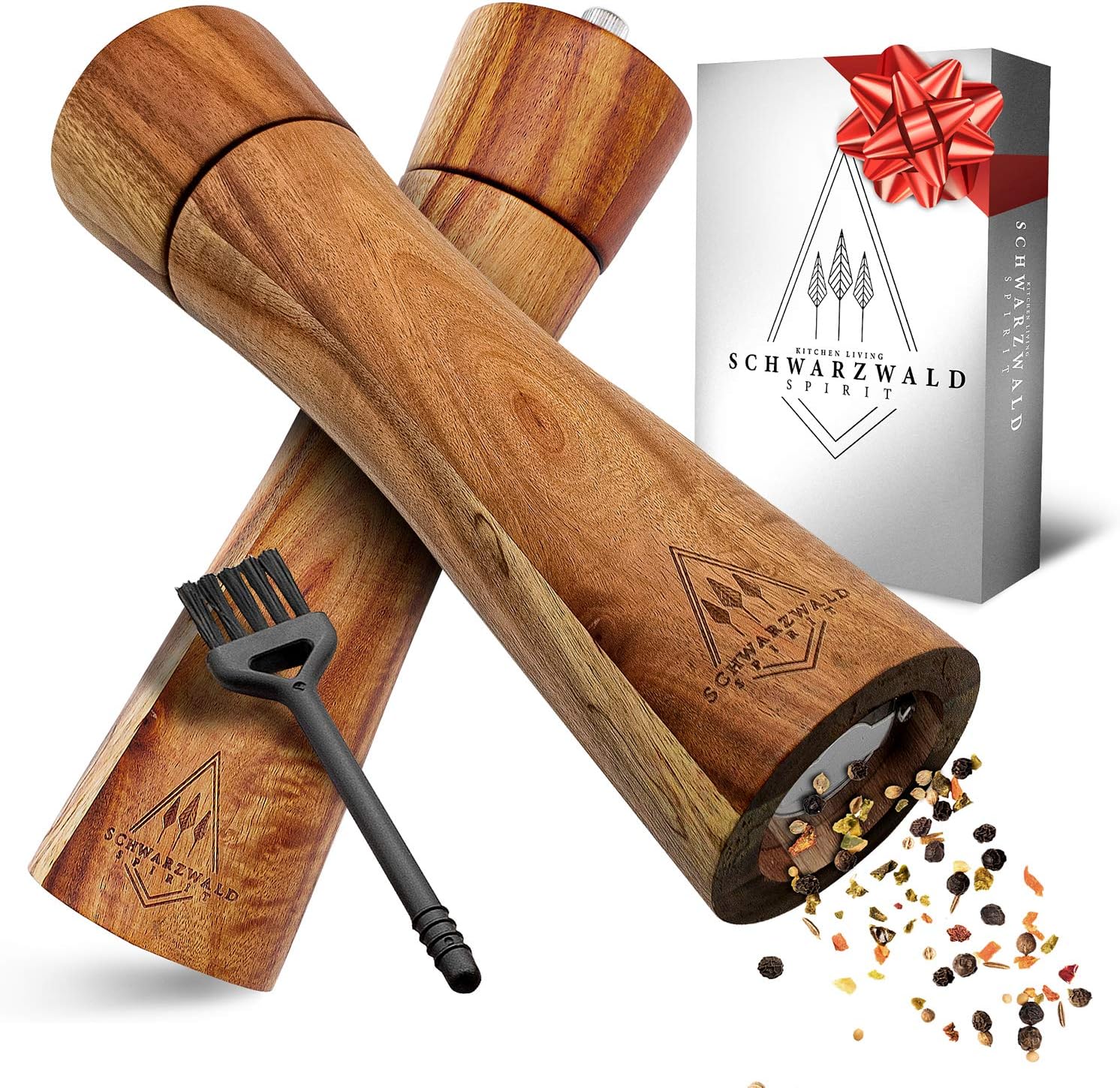Schwarzwald Spirit NEU Pfeffermühlen aus Holz - Edle Verarbeitung - Salz und Pfeffer Mühle Gewürzmühle im Set mit Keramikmahlwerk, Reinigungspinsel & Rezeptbuch, Zeitloses Geschenk (21 cm)