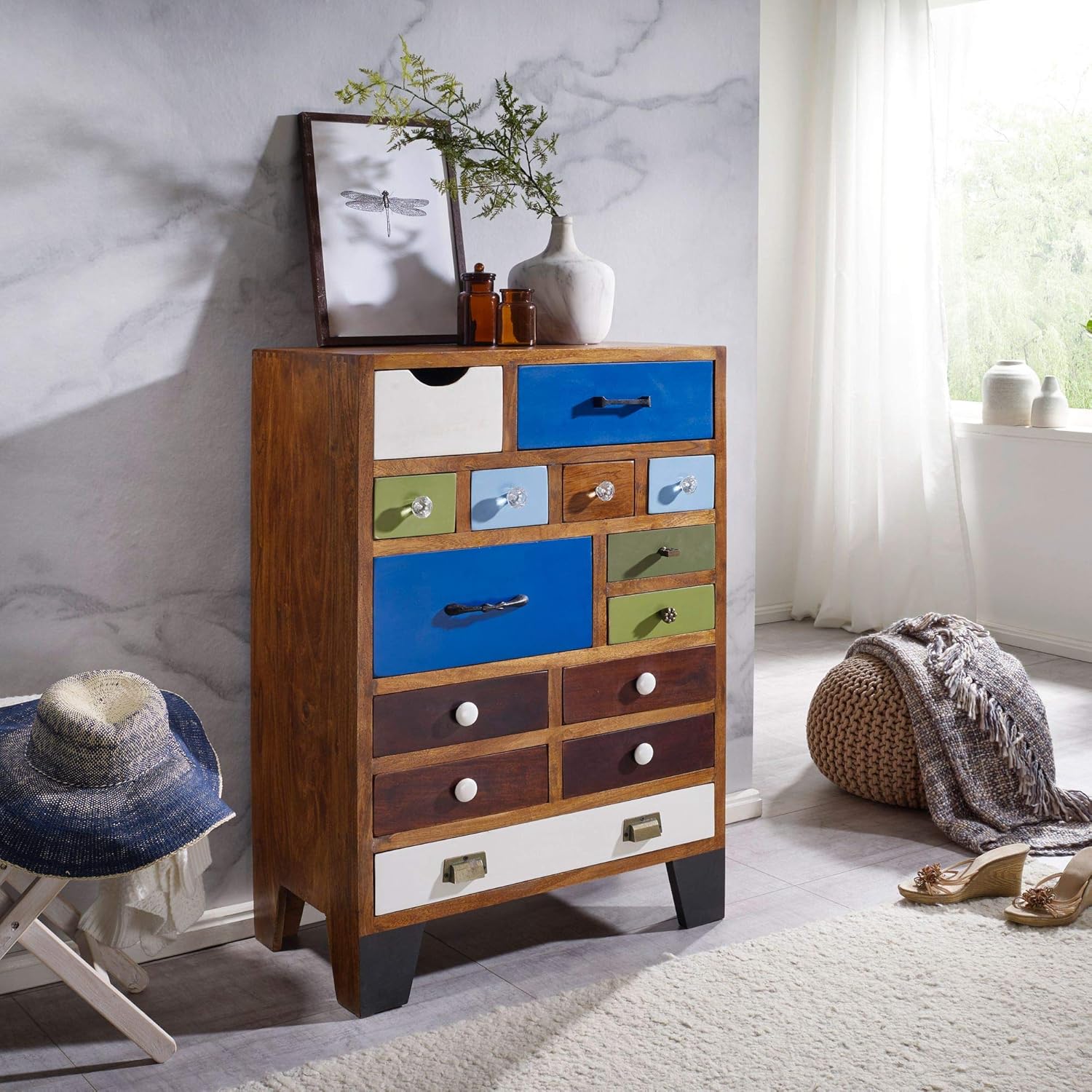 FineBuy Design Highboard KENOA 70x105x40 cm Akazie Sideboard mit 14