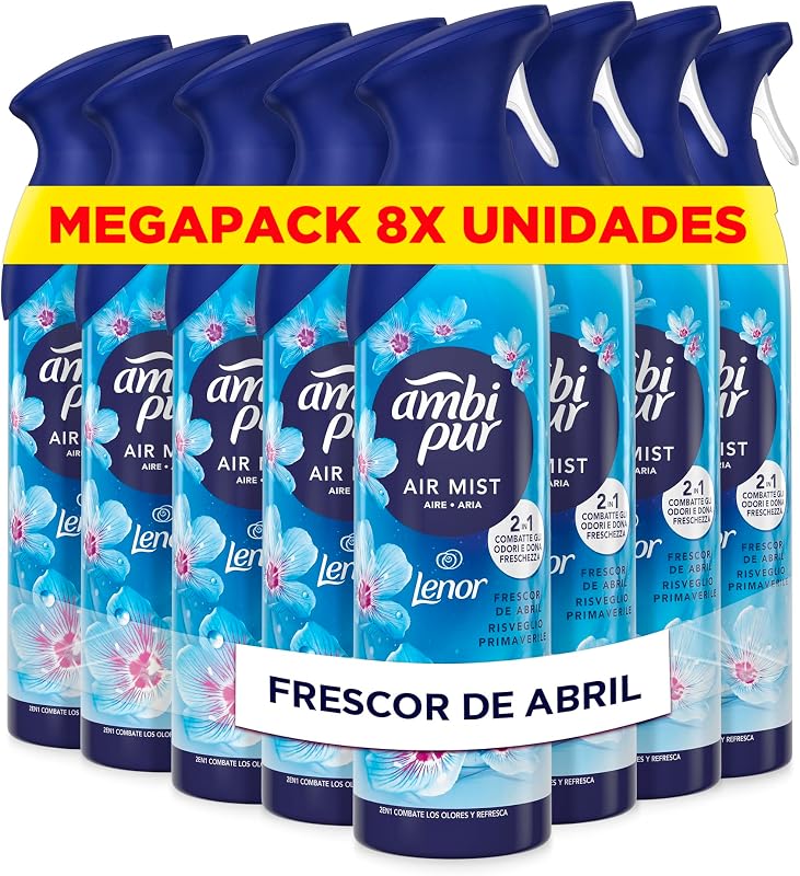 Ambipur Spring Awakening Air Freshener Spray 185ml x 8, com uma fragrância duas vezes mais longa que elimina odores e deixa um aroma fresco e leve