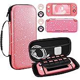 DLseego Storage Carrying Case for Nintendo Switch Lite Accessories Set, 10 Game Card Slots Cute Protective,1 Soft Silicone Case, 4 Cat Paw Thumb Grips, Slim & Portable, Sparkle, Glitter - Pink