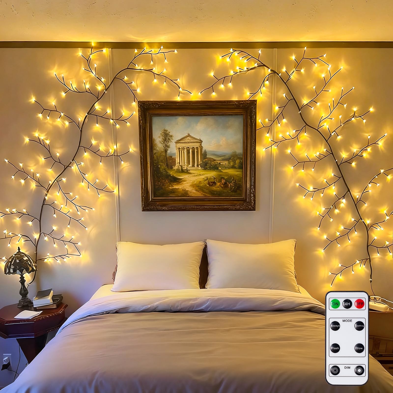 NEWNEN Willow Vine Twig Wall Lights: 144 LED Plug in Powered with Remote Control On/Off Timmer 5 Level Dimmable for Wall Indoor Bedroom Living Room Home Christmas Décor - Brown — image 1
