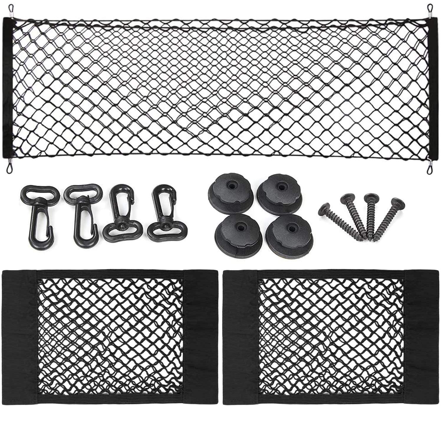 Acehome 2 Pcs Car Seat Storage Organizer Net and 2 Pcs Flexible Nylon Cargo Net with Hooks, Heavy Duty Universal Rear Mesh Organizer for Truck Bed or Trunk