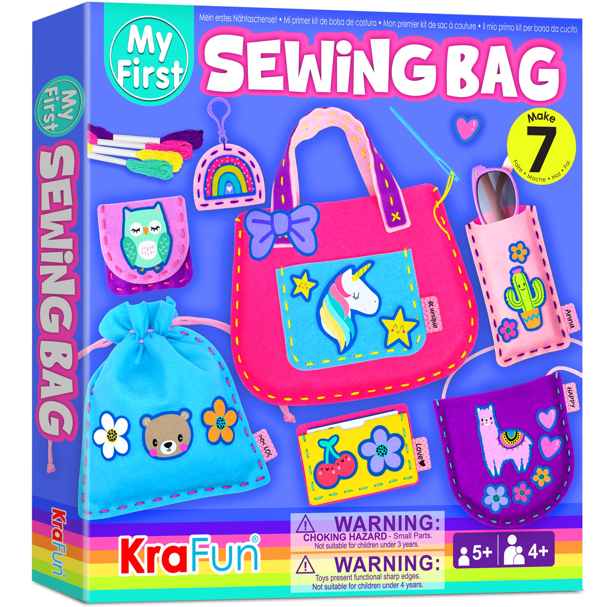 KRAFUN My First Sewing Bag Kit Arts & Crafts for Beginner Kids, 6 Easy DIY Sewing mini Bag Holder Case Projects of Animal Theme, Instructions Learn to Sew & Felt Embroidery, Gift for Girls & Boys