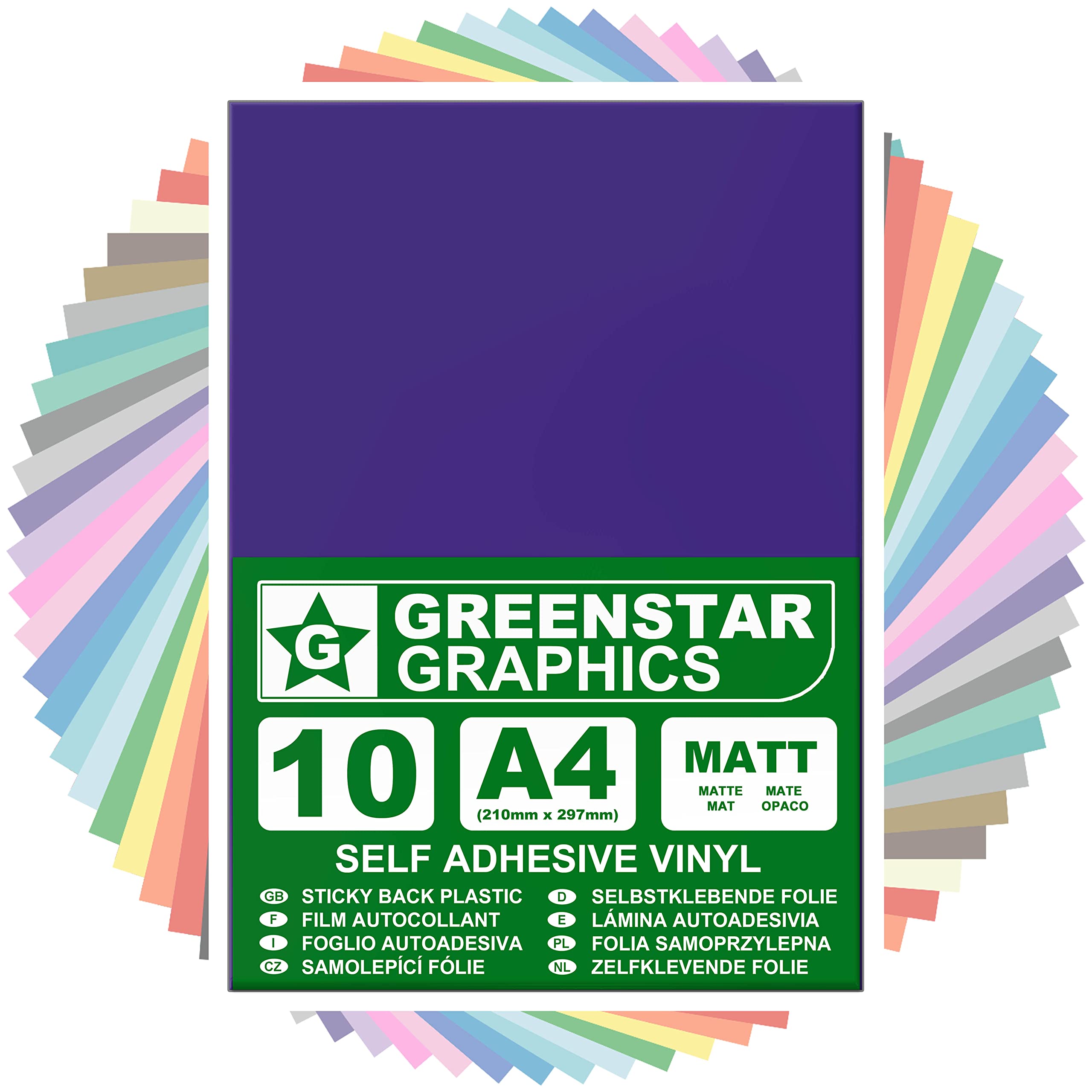 GREENSTAR GRAPHICS MATT A4 STICKY BACK PLASTIC SELF ADHESIVE ART & CRAFT VINYL (10 SHEET PACK). Compatible With 12” Cricut, Silhouette Cameo/Curio/Portrait, Scan N Cut (PURPLE MATT 10 A4)