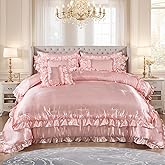 MOVE OVER 8 Pieces Pink Satin Comforter Set Queen Size Bed in a Bag Silky Comforter with Sheet Set Boho Chic Farmhouse Ruffled Comforter Set Soft and Silky Luxury Satin Bedding Set for All Season