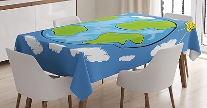Ambesonne Earth Tablecloth, Child's Drawing of The Planet Earth Surrounded with Clouds Day and Night Cycle, Dining Room Kitchen Rectangular Table Cover, 52 W X 70 L Inches, Blue Green White