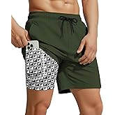 Yufawow 7 Inch Men Swim Trunks with Compression Liner Quick Dry Drawstring Male Swimtrunks for Beach Summer Water Park