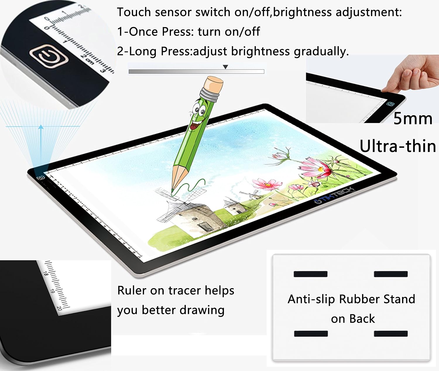 tiktecklab A4 Size Ultra-Thin Portable Tracer White LED Artcraft Tracing Pad Light Box w dimmable Brightness for 5D DIY Diamond Painting Artists Drawing Sketching Animation, Black