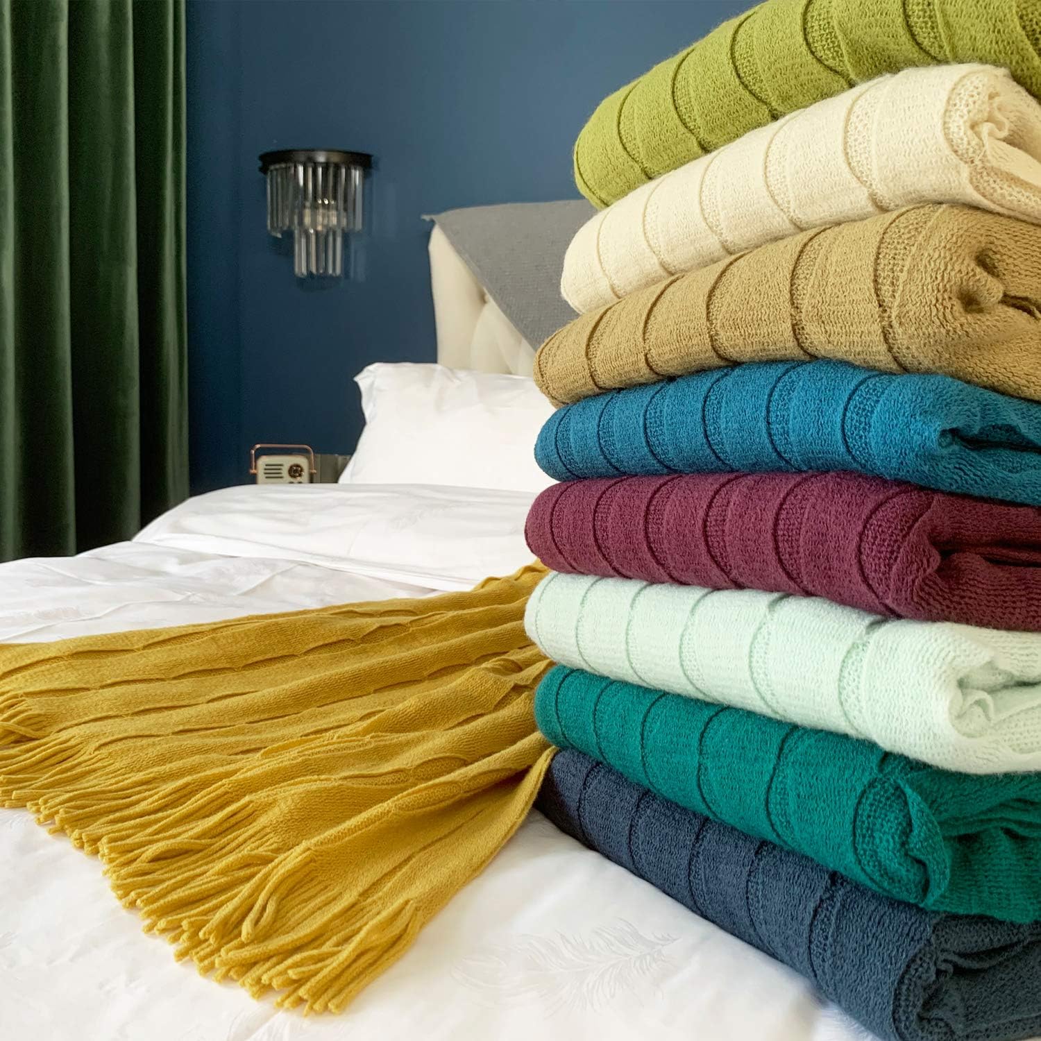 DISSA Knitted Blanket Textured Solid Super Soft Decorative Throw Blanket with Tassels Cozy Plush Lightweight Fluffy Woven Blanket for Bed Sofa Couch Living Bed Room (Mustard Yellow, 60"x80"): Home & Kitchen