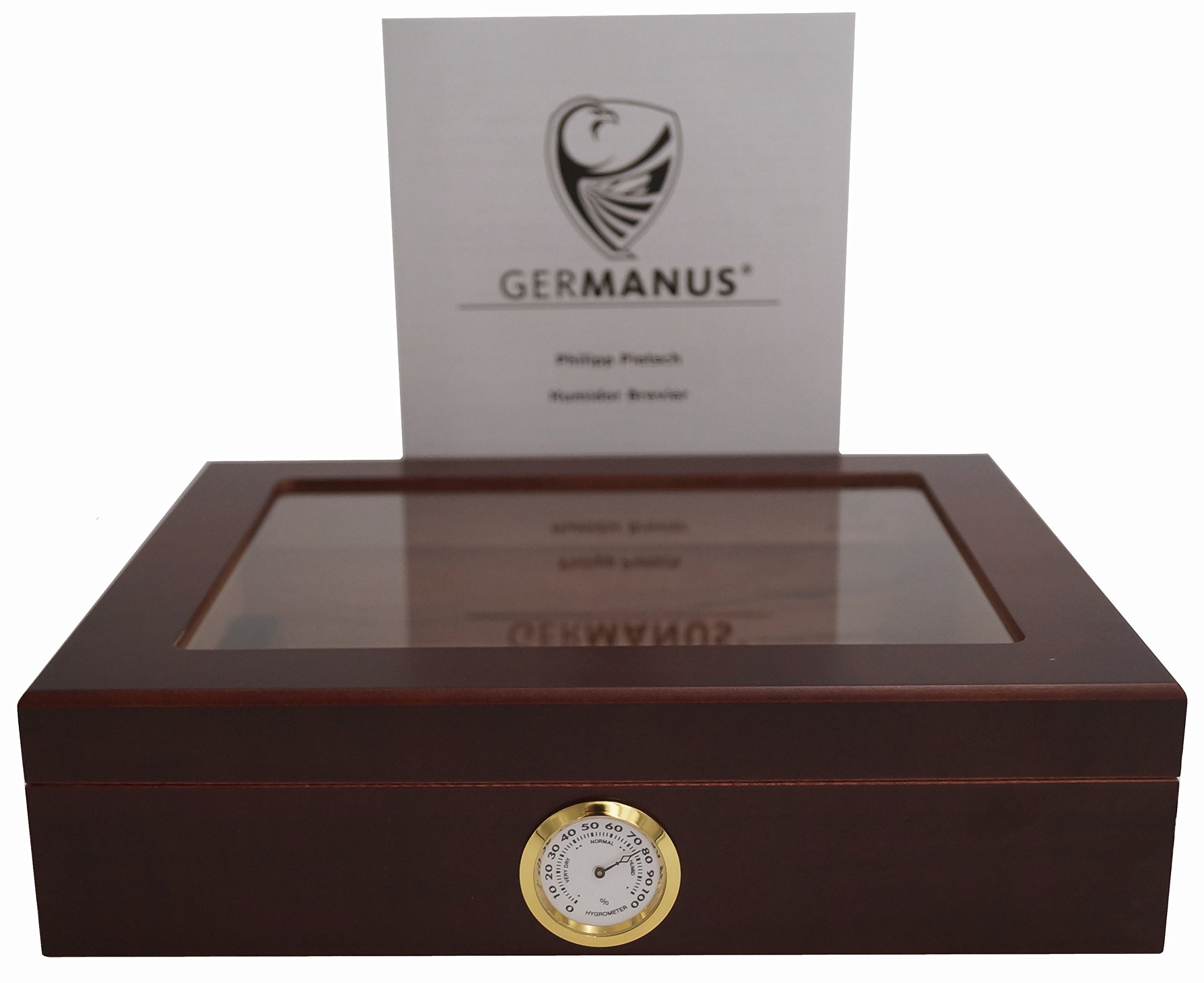 GERMANUS Cigar Humidor for Approx. 30 Cigars, Dark Brown, with Hygrometer and Humidifier and GERMANUS Manual