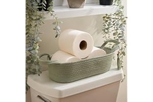KIBAGA Decorative Toilet Paper Basket – Beautiful Bathroom Organizer for Toilet Tank Storage Decor – Boho Cotton Rope Bin with Tassel for Bathroom Accessories and as Shelf Decor (sage Green)