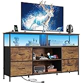 WLIVE TV Stand Dresser for 50,55,60 inch TV, Entertainment Center with LED Lights & Fabric Drawers, Dresser TV Stand for Bedroom and Living Room with Open Shelves, Rustic Brown