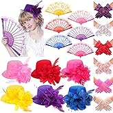 JaGely 18 Pcs Girls Tea Party Supplies Girls Mini Tea Party Hat and Gloves Lace Folding Fan(Bright Colors)