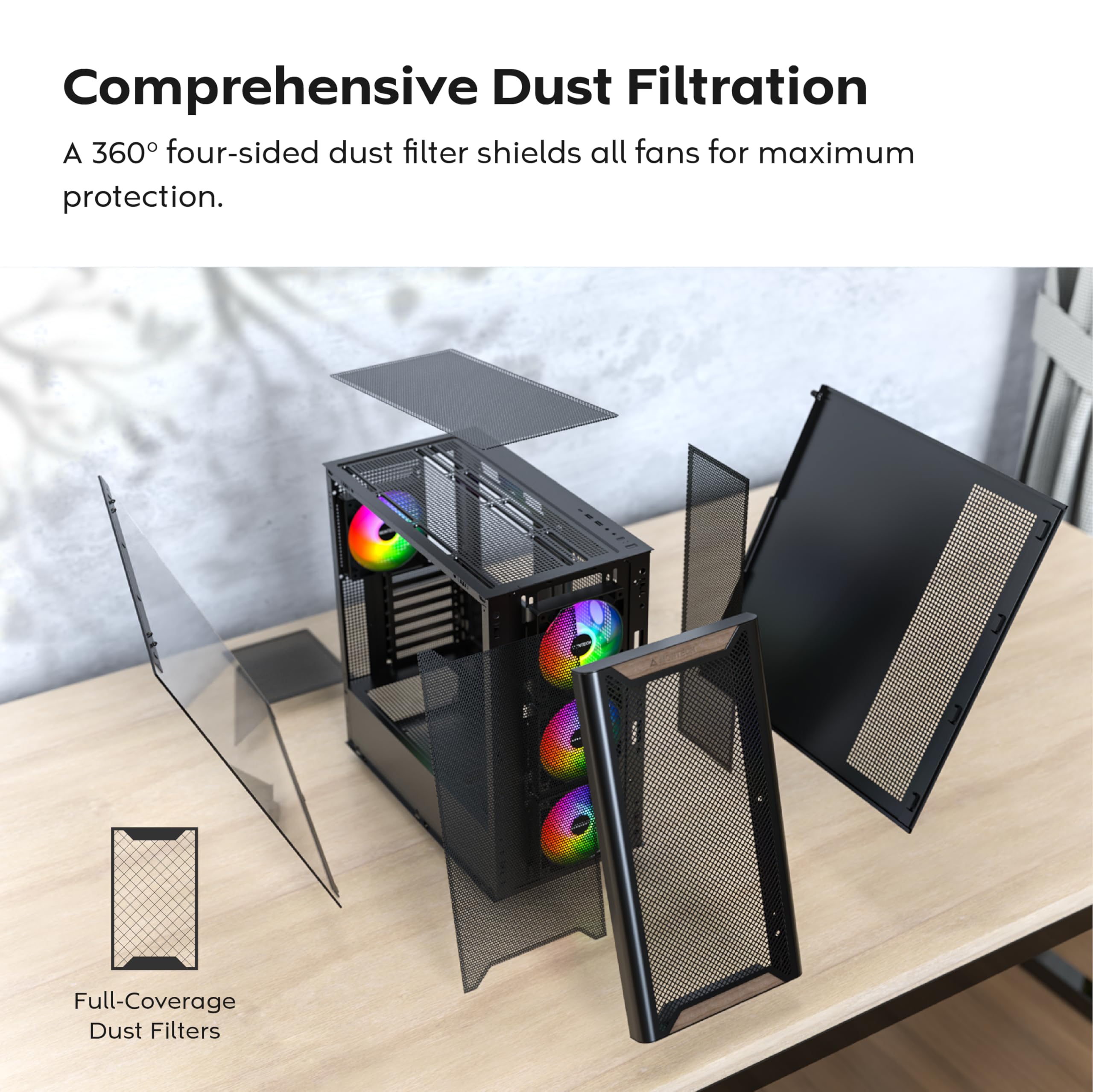 Montech Xr Wood, Genuine Black Walnut Front, Atx Pc Gaming Case, Glass Side Panel, 4 Pre-Installed Gf120 Argb Pwm Fans, Black - View 6