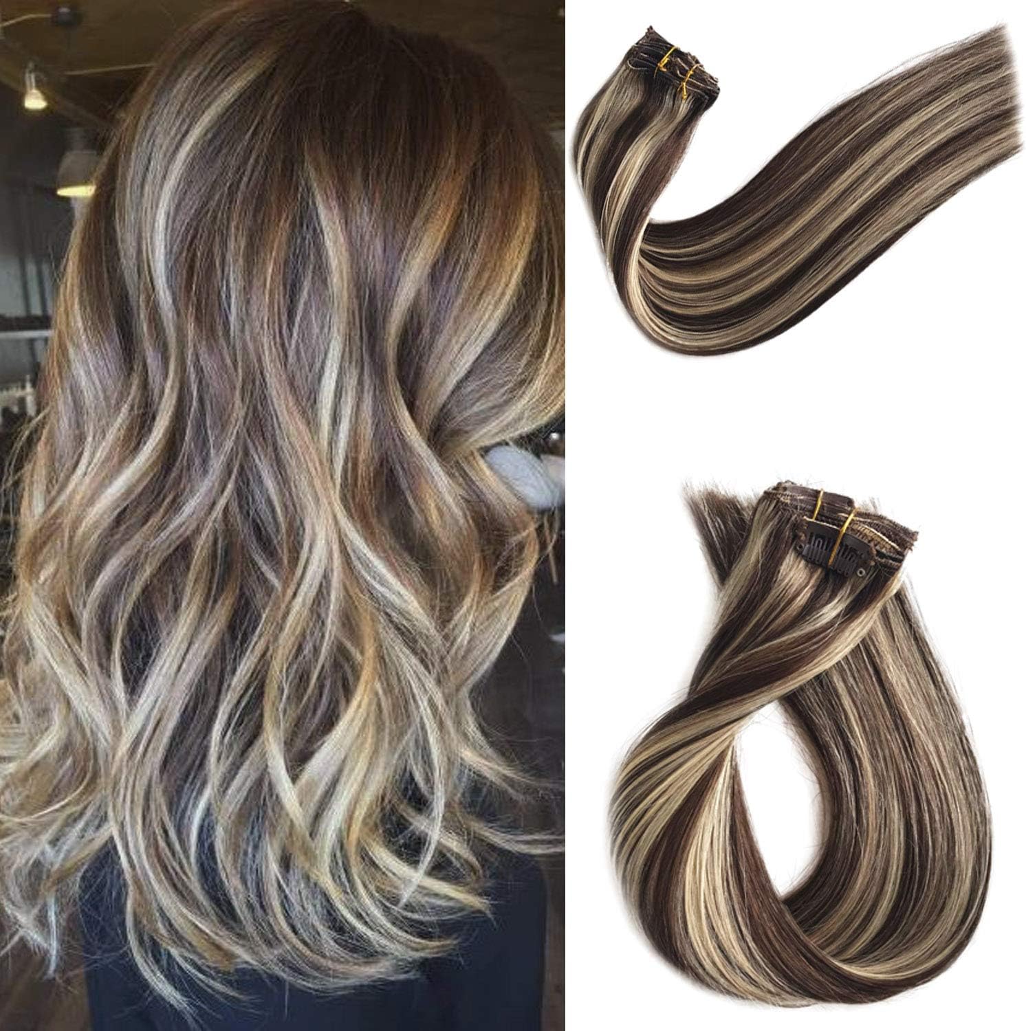 Clip in Human Hair Extensions for Women Clip on Real Remy Hair Extensions Balayage Dark Brown with 613 Bleach Blonde Highlights Double Weft Full Head Silky Straight Natural 70g 7pcs 16 Clips 15 Inch