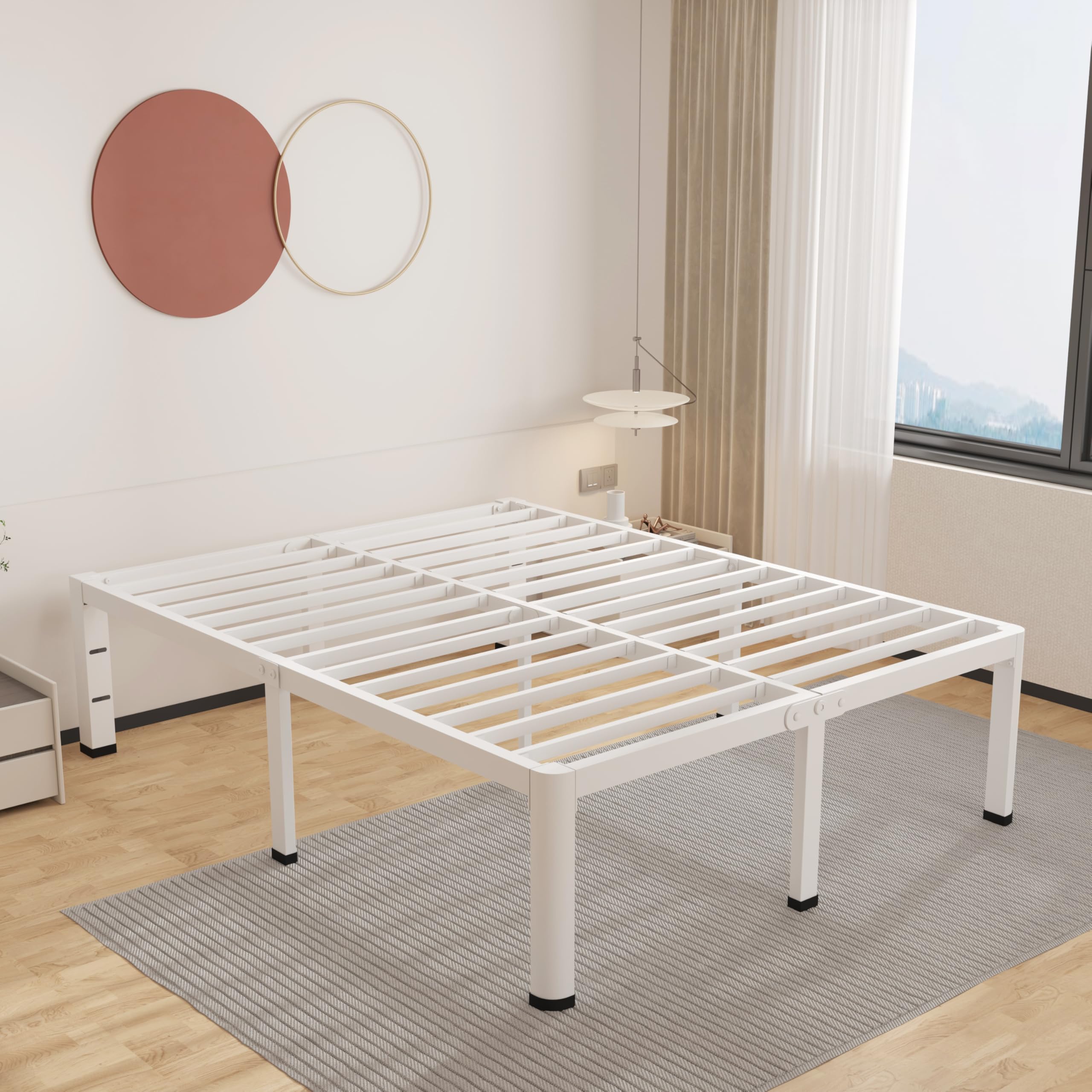 Photo 1 of ROIL 18 Inch White California King Bed Frame with Rounded Corner and Headboard Hole Mattress Retainers 3500LBS Heavy Duty Steel Slats No Box Spring Needed Platform Noise-Free Easy Assembly