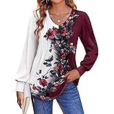 Zeagoo Women's Puff Long Sleeve Shirts Pleated V Neck Fall Tunic Tops Blouse Dressy Casual Summer T-Shirts