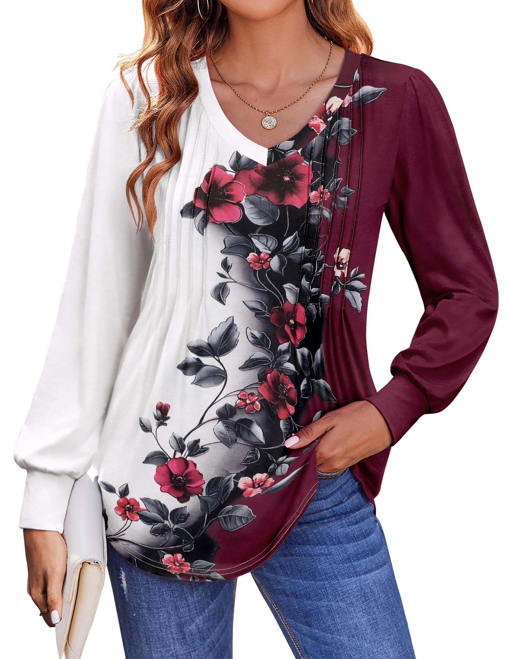 Zeagoo Women's Long Sleeve Shirts 2025 Fall Tops Casual V Neck Floral ...