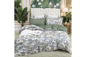 Helthep Floral Duvet Cover King, 100% Cotton Tropical Leaves Pattern Duvet Cover, 3Pcs Reversible Olive Green Botanical Floral Printed Comforter Cover, Luxury Farmhouse Bedding for Summer