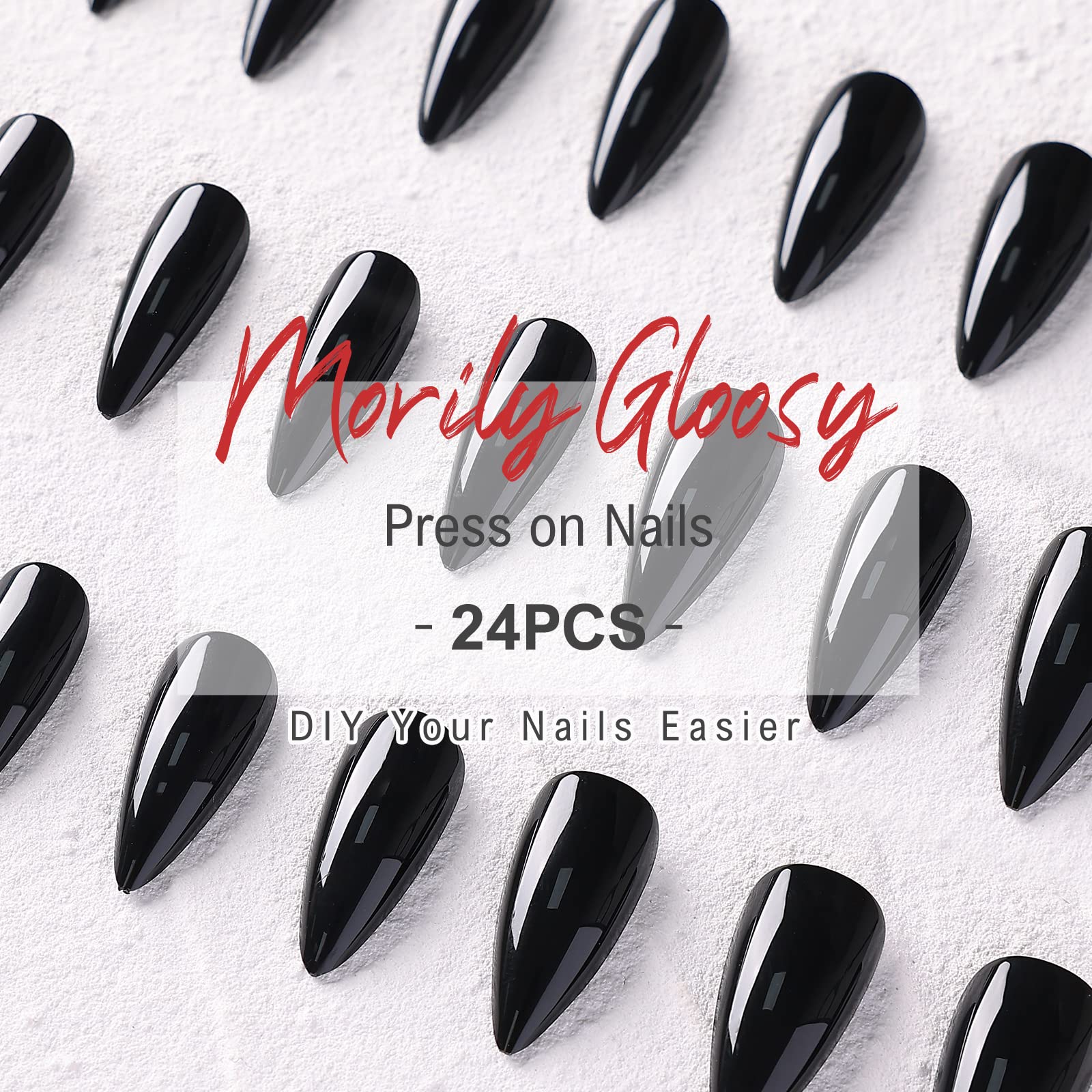 morily 24Pcs Black Press on Nails Stiletto Fake Nails Medium Length Almond False Nails Tips Long Acrylic Glossy Stick on Nail Solid Color Full Cover Fingernails Manicure for Women (Black) - Image 6