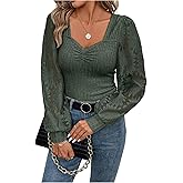SOLY HUX Women's Long Sleeve Lace Shirt Sweetheart Neck Blouses Dressy Casual Fall Tops