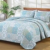 Dobuyly Patchwork Quilt Set Queen Size, Aqua Blue Boho Summer Bedspreads Coverlet Set, 3 Pieces Soft Lightweight Microfiber Quilt Bedding Set for All Seasons 96"x90"