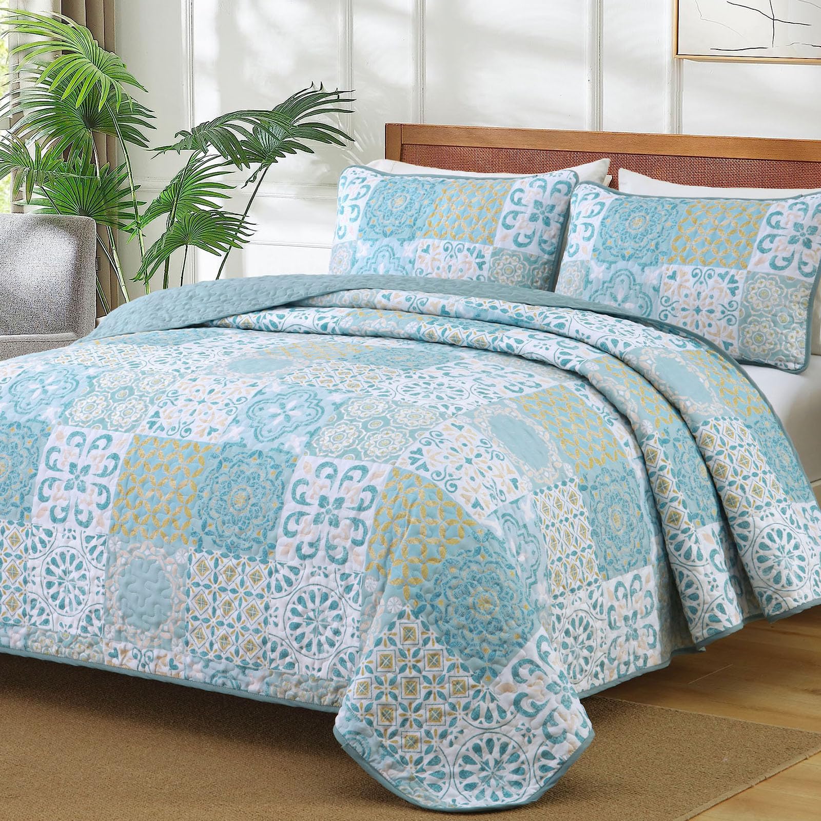 Photo 1 of Dobuyly Patchwork Quilt Set Queen Size, Aqua Blue Boho Summer Bedspreads Coverlet Set, 3 Pieces Soft Lightweight Microfiber Quilt Bedding Set for All Seasons 96"x90"