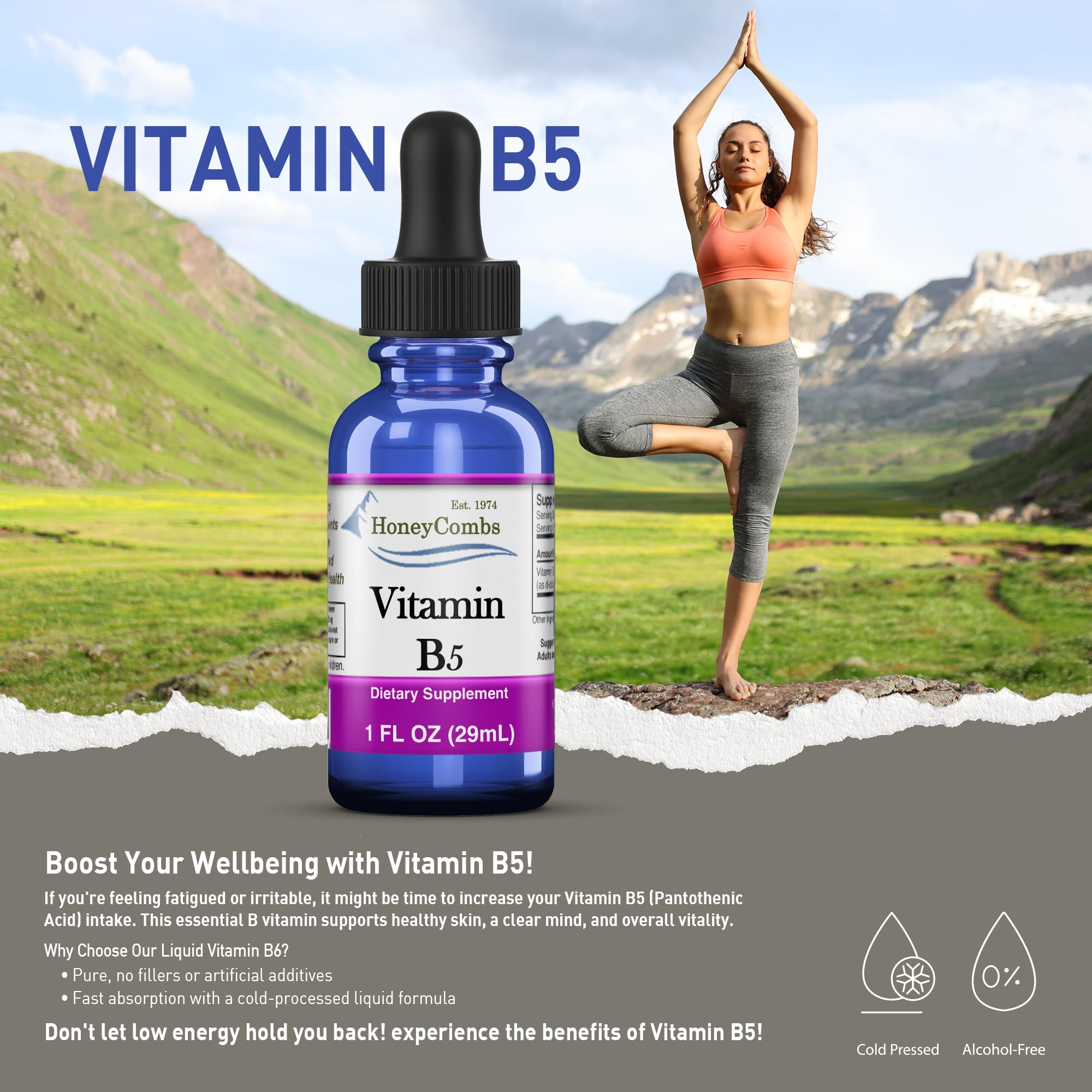 Vitamin B5 Pantothenic Acid Liquid Drops - Made in USA - 500% DV per Serving - 36 Servings per Container - Great for Men, Women, Children - Vegan Liquid Vitamins - Bulk Sizes Also Available