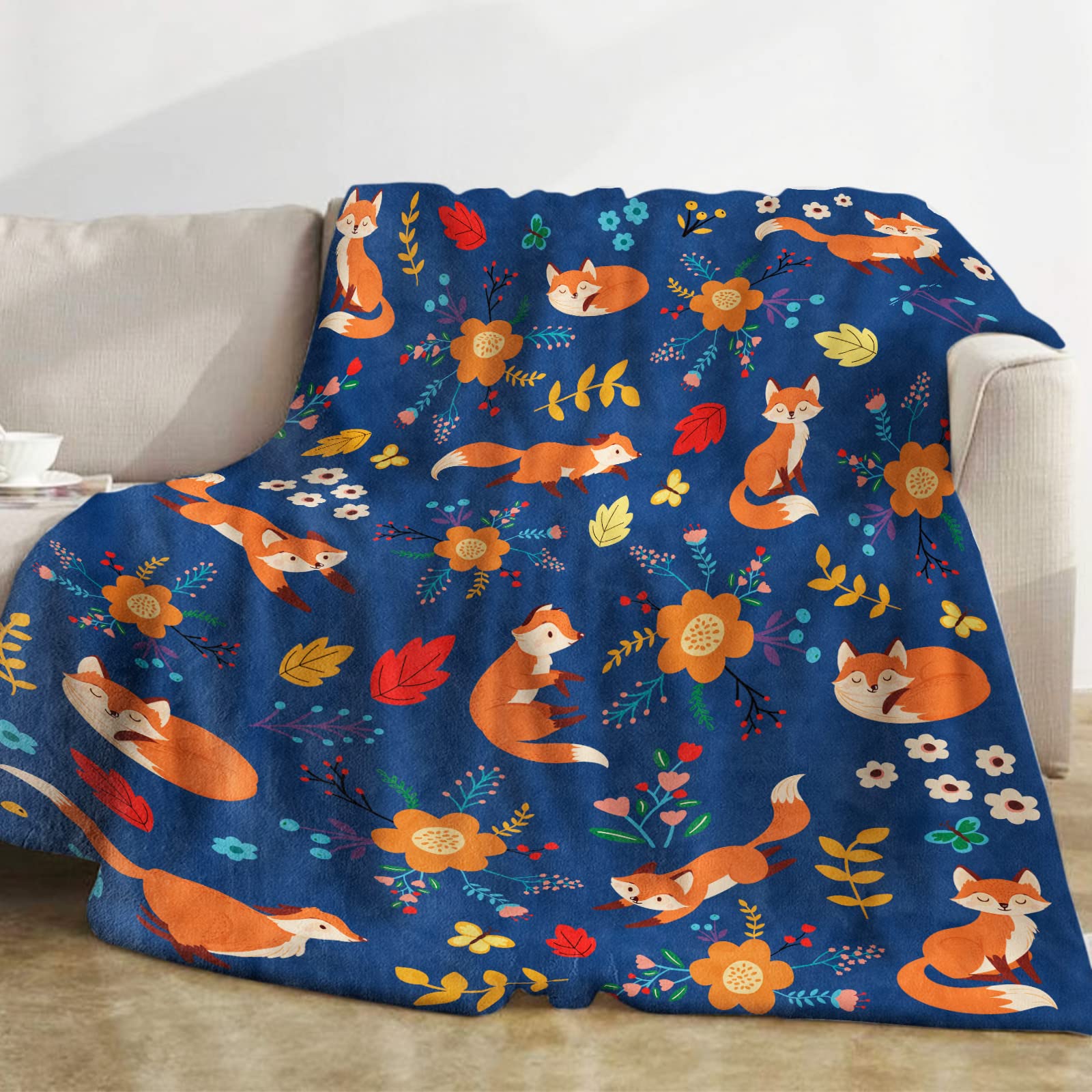Domgoge Fox Blanket Kids, Soft Flannel Throw Fleece with Flower, Cozy Warm Fluffy Fuzzy Wildlife Floral Print Blankets Women Gifts Sofa Couch Bed Decor, 130x152cm, Fox-navy Blue, 50''x60'' for Teen