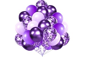AULE Metallic Purple and Premium Latex Lavender Lilac Balloons 60 Pack 12inches and Purple Confetti Balloons with Purple Ribbons Set for Birthday Bridal Shower Wedding Party Decorations