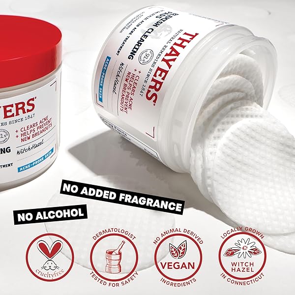 THAYERS BLEMISH CLEARING ACNE PADS, SALICYLIC ACID ACNE TREATMENT FOR FACE, PORE REDUCING, EXFOLIATING, AND SOOTHING SKINCARE, WITCH HAZEL TONER PADS, 60 CT