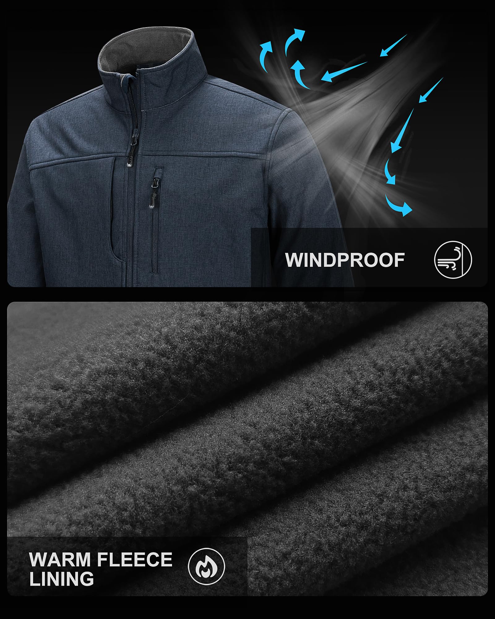 33,000ft Herren Softshelljacke Wasserdicht Übergangsjacke Winterjacke Winddicht Warmes Fleece Outdoorjacke Funktionsjacke Leichte Wanderjacke für Fahrrad Camping Dunkelblau Heidekraut L 5