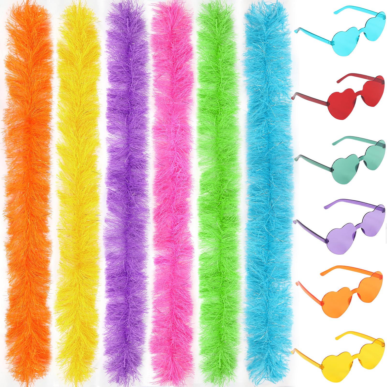 LACGO 6Pcs Colorful Feather Boas with 6Pcs Glasses, Artificial Fluffy Boas Decoration, Fancy Dress for Women, Heart Rimless Sunglasses, Dancing Wedding Bachelorette Party Accessories (12Pcs)