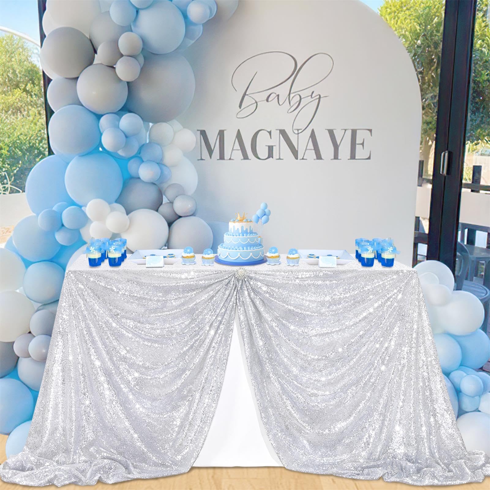 Silver Party Tablecloth 90x132 Inch Sequin Sparkle Table Cover Glitter Rectangle Tablecloth for Wedding Baby Shower Birthday Party Table Decor Image Silver Party Tablecloth 90x132 Inch Sequin Sparkle Table Cover Glitter Rectangle Tablecloth for Wedding Baby Shower Birthday Party Table Decor Image