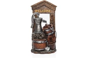 Alpine Corporation ZEN576S Outdoor Rustic Design Water Pump and Barrel Floor Fountain - Welcome Sign, 24 Inch Tall, Brown