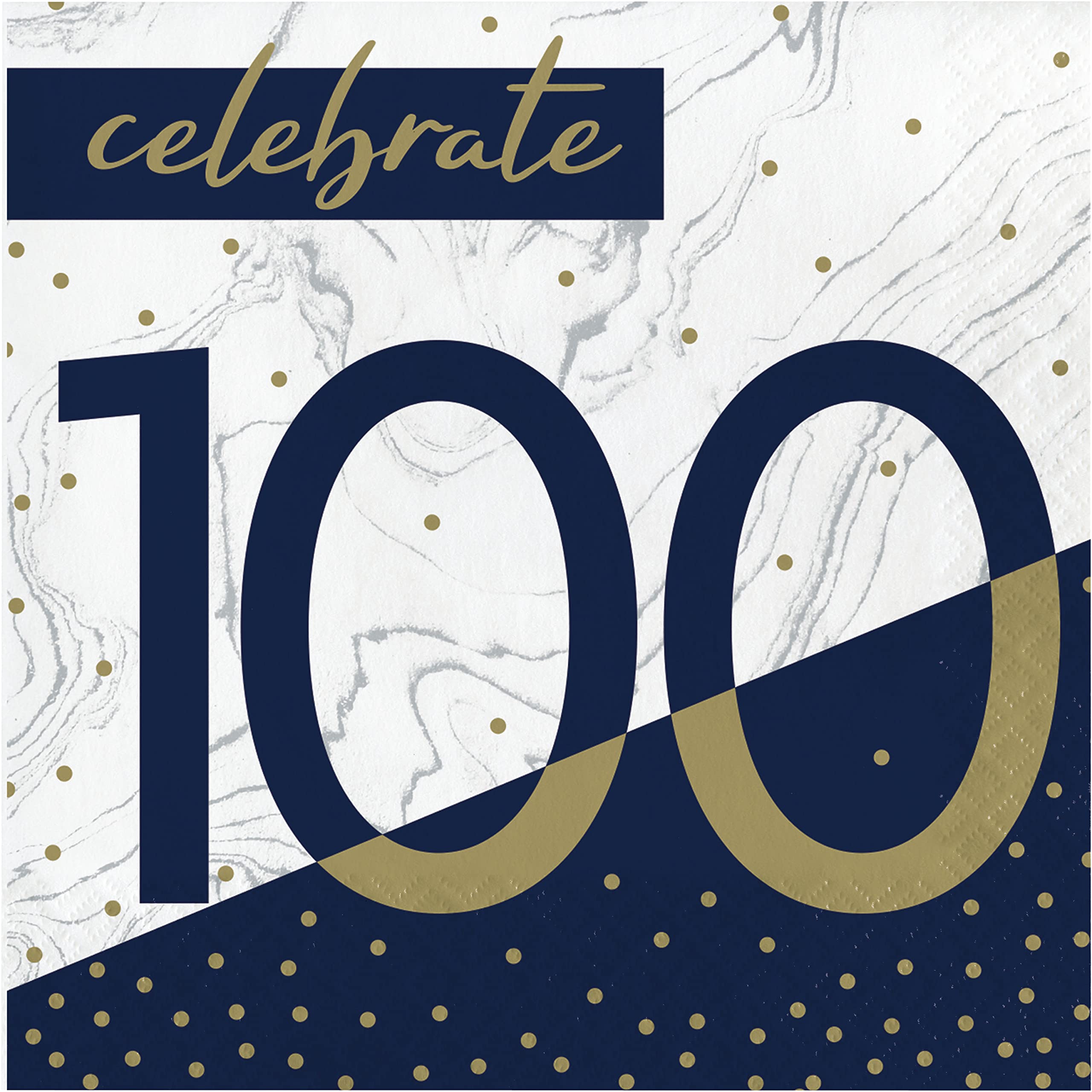 Creative Converting Navy and Gold 100th Birthday Napkins, 6.5"