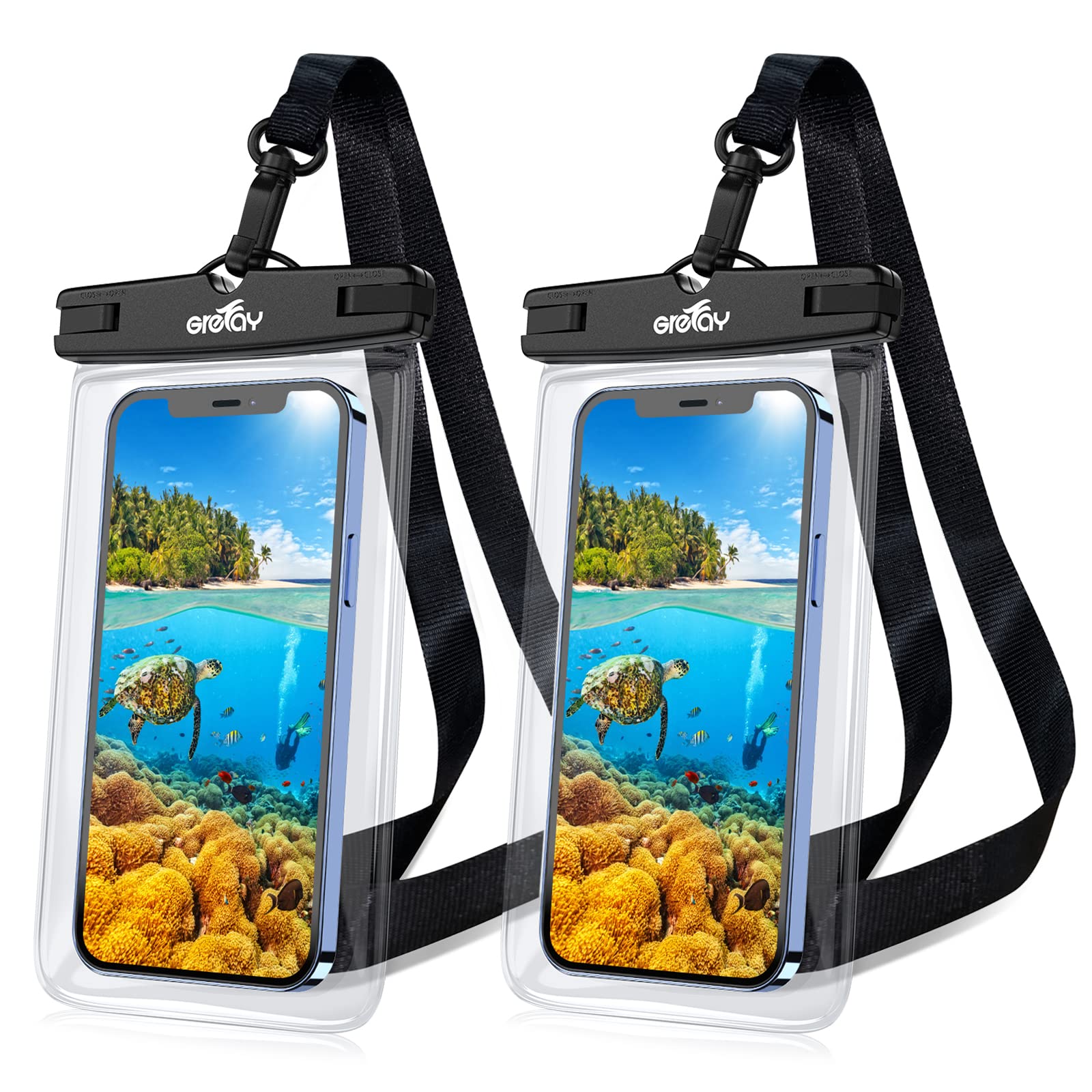 GREFAY Waterproof Phone Case (Pack of 2) IPX8 Underwater Phone Case Dustproof Dry Bag Compatible with up to 7 Inch iPhone 14 13 12 11 Pro Max/Galaxy S22 Ultra S21 S20 A1 and Other Smartphones