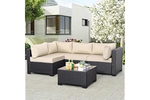 WAROOM Outdoor Patio PE Wicker 5 Piece Furniture Set, Black Rattan Sectional Conversation Sofa Chair with Coffee Table,Khaki Cushion