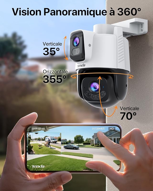 CH9 Caméra Surveillance WiFi Extérieure Double Objectif 2K+2K, Wi-FI 6 PTZ 360°, Mode Patrouille, Vision Nocturne Couleur, Alarme Sonore/Lumineuse, Détection Humaine/Véhicule, IP65